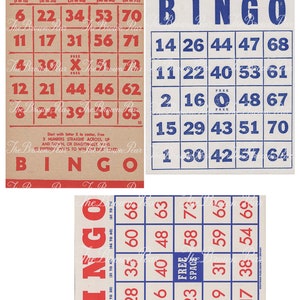 Pu&ograve; includere: Tre schede di bingo vintage con numeri da 1 a 75. Le schede sono stampate su carta marrone con numeri rossi e blu. Le schede sono etichettate "Bingo" in lettere blu. Le schede sono di The Brown Pear.