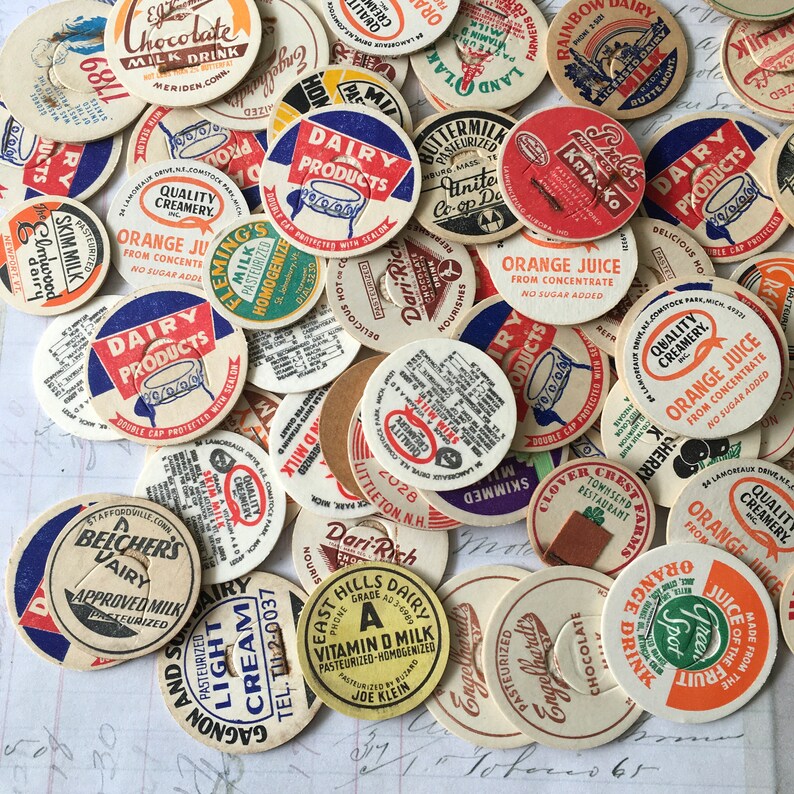Milk Caps / 12 Vintage small Milk Bottle Caps Assorted for Etsy