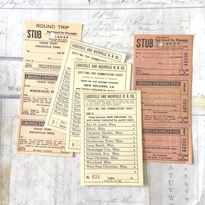 Train Tickets / 5 RARE Vintage Railroad Train Tickets Assorted Louisville & Nashville R. R. -- Great for Smash Books, Journals, etc.