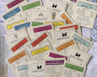 MONOPOLY Cards / 28 Vintage Monopoly Properties Complete! -- Great for Collage, Journals, Scrapbooking, Smash Books++