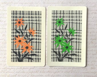 Floral Cards / 2 Vintage RETRO playing Cards Orange & Green Flowers --Great Mixed Ephemera for Collage, Altered Art, Journals
