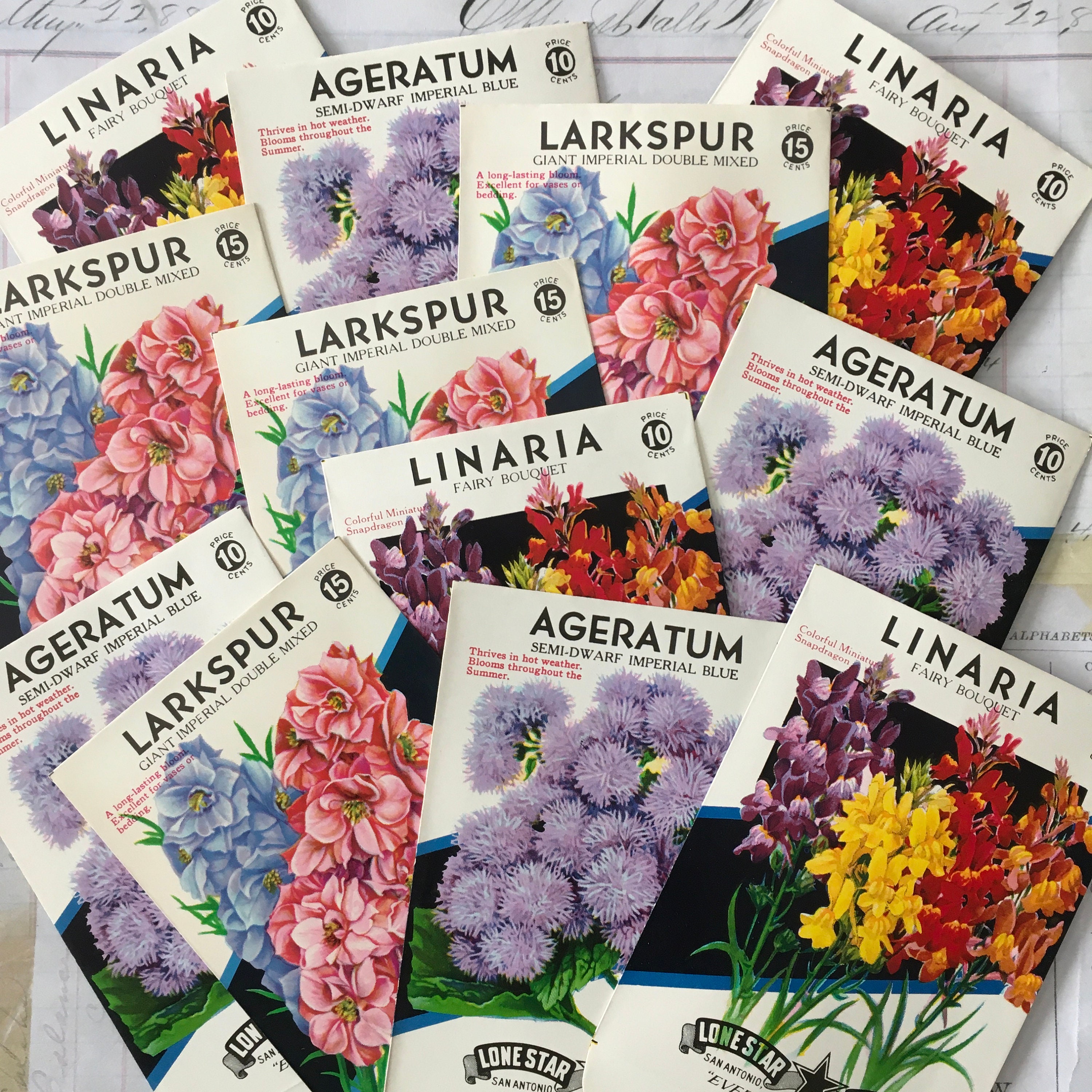 Seed Packets-empty / 3 Vintage Flower Packets Ageratum, Linaria