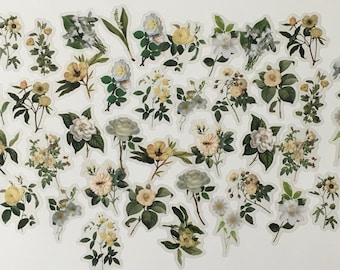 Floral Stickers / 40 White & Yellow Floral Stickers Vinyl -- Great for Journals, Smash Books, Collage, Scrapbooks, Decoupage++