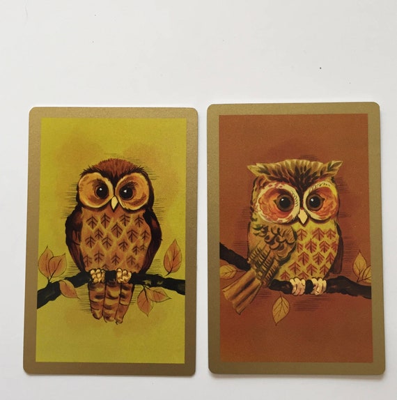 Owl Cards / 2 Vintage CUTE OWL Playing Cards -- Great for Mixed Media, Collage, Journals, Smash Books, etc.