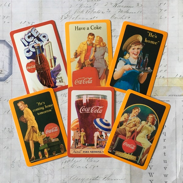 Coca Cola Cards / 6 Vintage Coca Cola Advertising Playing Cards Great for Journals, Smash Books, Collage, etc.