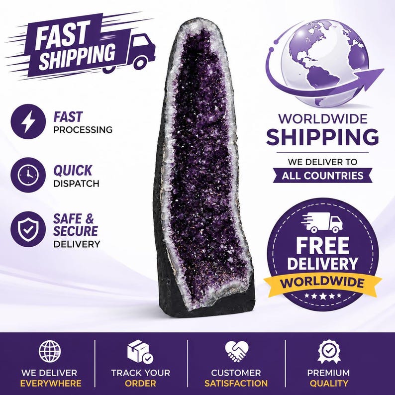May include: A tall, vertical amethyst geode specimen featuring a deep purple, crystalline interior cavity surrounded by a dark, rough exterior rock crust. The crystal formation is elongated and stands upright, showcasing natural jagged edges.