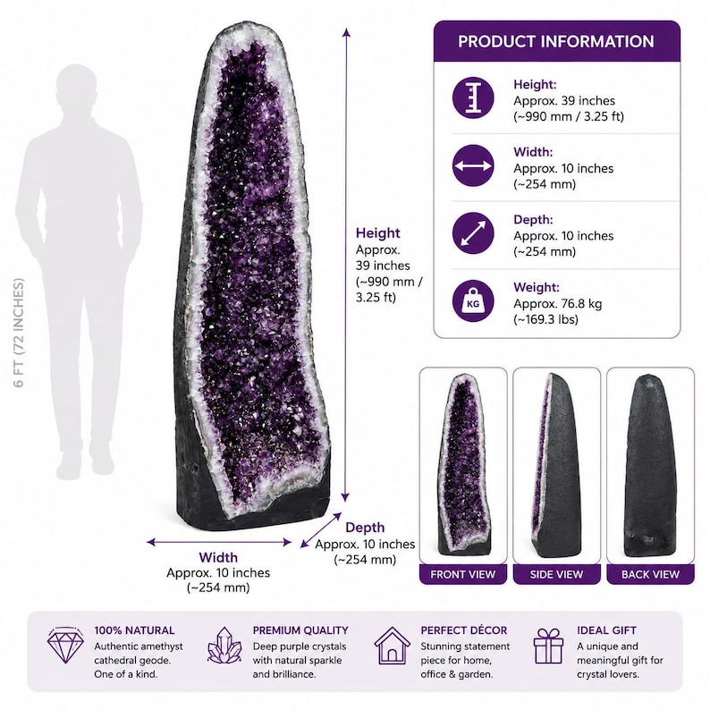 May include: A tall, dark-colored amethyst cathedral geode featuring deep purple crystals. The product information indicates a height of 39 inches, a width of 10 inches, a depth of 10 inches, and a weight of 169.3 lbs, with front, side, and back views shown.