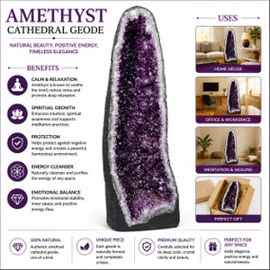 May include: A tall, vertical amethyst cathedral geode featuring deep purple, crystalline interior points surrounded by a rough, dark gray exterior rock crust. The crystal formation is hollowed out, showcasing a jagged, sparkling texture throughout.