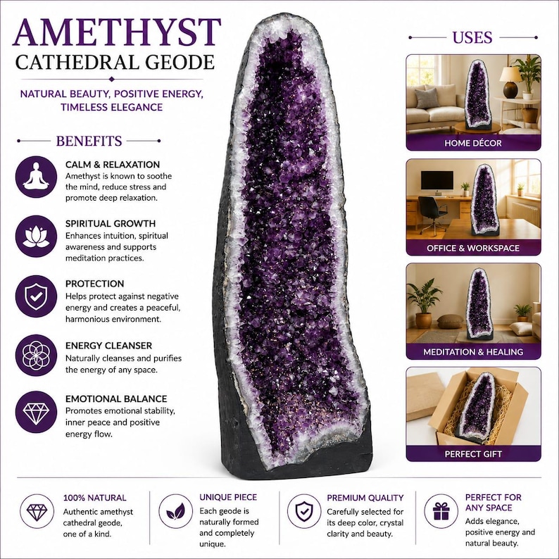 May include: A tall, vertical amethyst cathedral geode featuring deep purple, crystalline interior points surrounded by a rough, dark gray exterior rock crust. The crystal formation is hollowed out, showcasing a jagged, sparkling texture throughout.