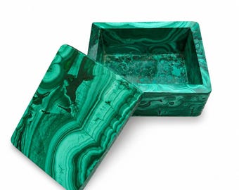 Natural Malachite Jewelry Box, Polished Green Gemstone Trinket Keepsake Storage (3.5" x 3")