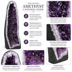 May include: A tall, natural amethyst cathedral geode featuring deep purple crystals within a hollow cavity. The exterior is a dark, rough stone with a sturdy base. The image includes text describing the geode as 100% natural and authentic.