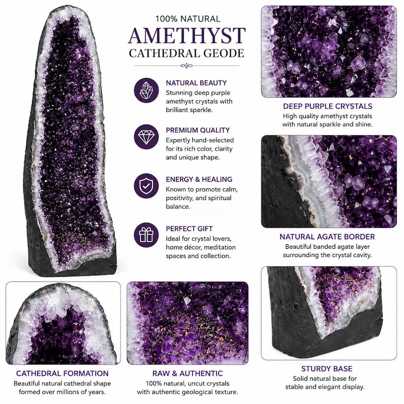 May include: A tall, natural amethyst cathedral geode featuring deep purple crystals within a hollow cavity. The exterior is a dark, rough stone with a sturdy base. The image includes text describing the geode as 100% natural and authentic.