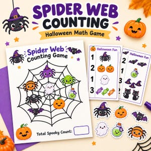 May include: A Spider Web Counting Halloween math game set featuring a large activity sheet with a spider web illustration, two vertical counting cards, and several small cut-out character tokens including spiders, pumpkins, ghosts, and bats.