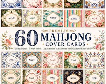 May include: A collection of 60 Mahjong cover cards featuring diverse floral, geometric, and botanical patterns with a central area labeled NAME. The text reads 60 PREMIUM MAHJONG COVER CARDS, 2 SIZES AVAILABLE, 6.125 x 4.75 INCHES, 5.125 x 4 INCHES.