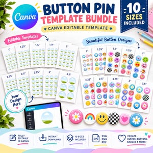 Puede incluir: Un paquete de plantillas digitales para chapas de botones en Canva con 10 tamaños desde 1 pulgada hasta 3,5 pulgadas. El set incluye hojas imprimibles con varios diseños gráficos coloridos como arcoíris, caritas felices, corazones y flores.