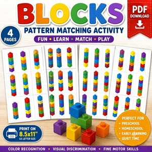 Peut inclure: Un téléchargement PDF numérique pour une activité de correspondance de motifs de blocs comprenant quatre pages d'illustrations de tours de blocs colorées. Inclut des blocs de construction en plastique bleu, vert, jaune, violet et rouge.