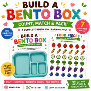 以下が含まれることがあります： Build a Bento Boxの印刷可能な学習パック。数え方とマッチングゲーム、ティールカラーの弁当箱のイラスト、イチゴ、ニンジン、キュウリ、ブロッコリー、ブドウ、ブルーベリーなどの紙製の食べ物パーツのシートが含まれています。
