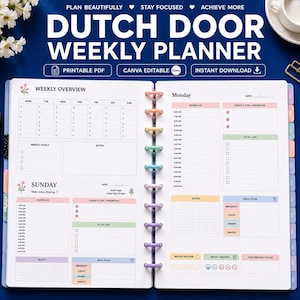 Peut inclure: Un agenda hebdomadaire de type Dutch door avec un fond blanc et des accents pastel. Les pages ouvertes présentent des sections pour un aperçu hebdomadaire, des emplois du temps, des listes de tâches, des menus et des suivis d'humeur.