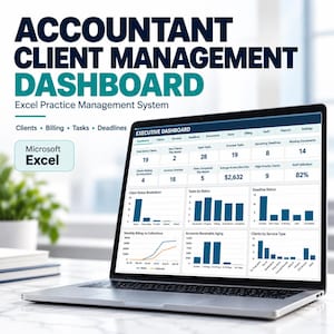 Puede incluir: Una pantalla de portátil que muestra un panel de gestión de clientes para contables en Microsoft Excel. La interfaz incluye un panel ejecutivo con tablas de datos, gráficos de barras y líneas para el seguimiento de clientes y tareas.