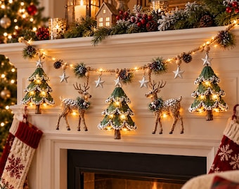 May include: A holiday garland featuring alternating green Christmas tree ornaments and brown reindeer figures, all illuminated by warm white string lights. The garland is accented with small silver stars, pinecones, and greenery.