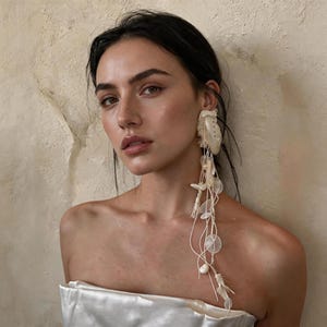 May include: A long, dangling earring featuring a large, iridescent, organic-shaped shell piece at the top, connected to multiple thin, white strings adorned with small, translucent, circular shell discs and white, textured, frayed fabric accents.