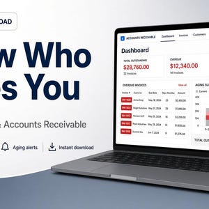 Puede incluir: Un ordenador portátil que muestra un panel de cuentas por cobrar con datos financieros, incluyendo importes totales pendientes, vencidos y actuales. La pantalla muestra una lista de facturas vencidas y un gráfico de resumen de antigüedad.