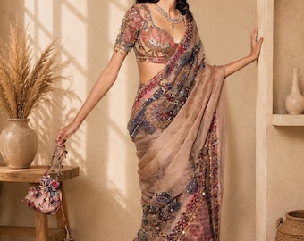 Heavy Soft Georgette Saree, Digital Printed Saree, Mirror Zari Sequin Handwork Saree, Indian Ethnic Saree, Party Wear Saree