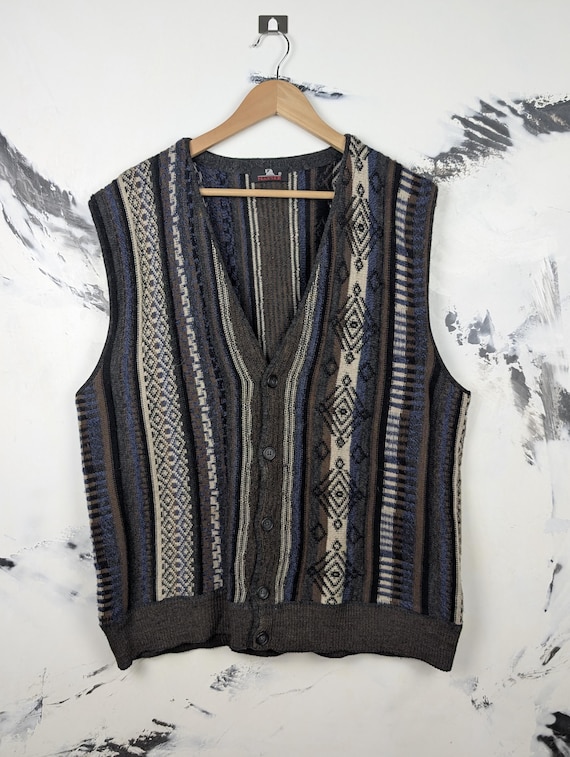 Vintage Men's Wool Blend Knit Sweater Vest 90s Button Up Patterned Grandpa Vest Size 54
