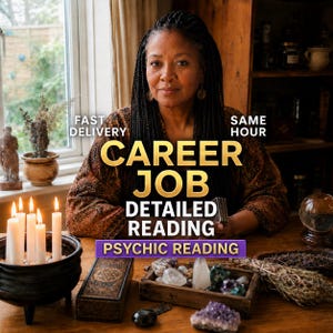 May include: A person with long dark braided hair sits behind a wooden table with a black cauldron, white candles, a wooden box, crystals, and a crystal ball. Text reads: FAST DELIVERY SAME HOUR CAREER JOB DETAILED READING PSYCHIC READING.