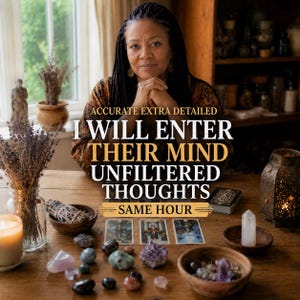 Puede incluir: Una persona con cabello trenzado oscuro sentada tras una mesa de madera con tres cartas de tarot, cristales pulidos, un cuarzo, una vela, salvia seca y un farol. Texto: ACCURATE EXTRA DETAILED I WILL ENTER THEIR MIND UNFILTERED THOUGHTS SAME HOUR.