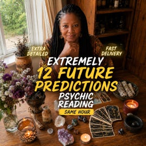 以下が含まれることがあります： EXTREMELY 12 FUTURE PREDICTIONS PSYCHIC READING EXTRA DETAILED FAST DELIVERY SAME HOURというテキストが書かれたサイキックリーディングサービスの広告。タロットカード、クリスタル、キャンドル、花瓶に入った花が写っている。