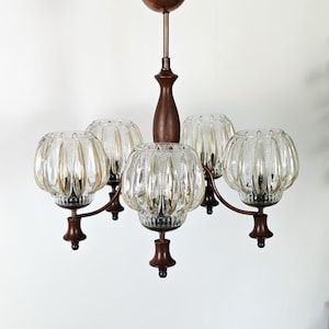 Vintage 5 Arm Wood and Copper Chandelier Sijaj Hrastnik / Hollywood Regency Amber Ice Glass Pendant Light / Rustic Modernist Ceiling Fixture