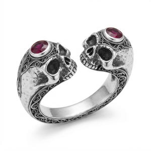 Sterling Silver Double Skull Ring, Bypass Ring with Red Gemstones, Goth Filigree Jewelry, Punk Rock Statement Ring