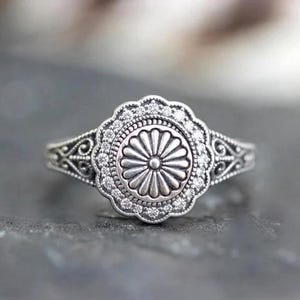 Sterling Silver Sunflower Statement Ring, Vintage Floral Filigree Ring, Scalloped Cluster Ring, Bohemian Boho Promise Ring, Style Jewelry