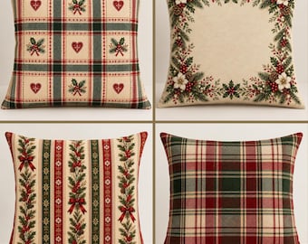 Peut inclure: Un ensemble de quatre coussins carrés aux motifs festifs. L'un présente un tartan rouge et vert avec des cœurs et du houx, un autre une bordure florale, un avec des rayures verticales et des branches de pin, et le dernier un tartan classique.
