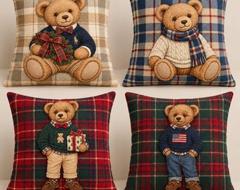 Funda de almohada navideña con diseño de oso de peluche inspirada en Ralph Lauren, fundas de almohada vintage con estampado de cuadros escoceses para casa de campo.