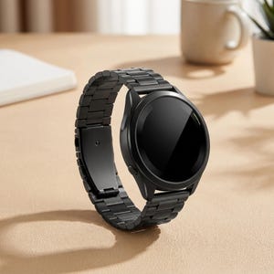 May include: A matte black smartwatch featuring a circular display with a dark, reflective screen and a matching black metal link bracelet. The watch case is round with two side buttons, and the band consists of interconnected rectangular links.