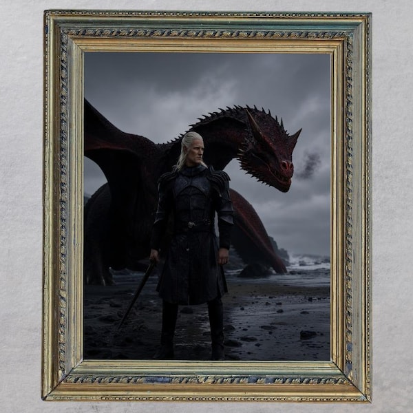 Quadro da parete con cavaliere di drago / Stampa dark fantasy / Poster guerriero medievale / Regalo per amanti dei draghi (Download digitale)