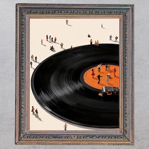 May include: A framed art print featuring a large black vinyl record on a cream background. Tiny figures are scattered around the record, while others dance on the orange center label. A black record player needle rests on the vinyl surface.