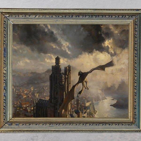Drago sopra un castello medievale - Decorazione murale / Drago fantasy stampabile / Regno medievale (Download digitale)