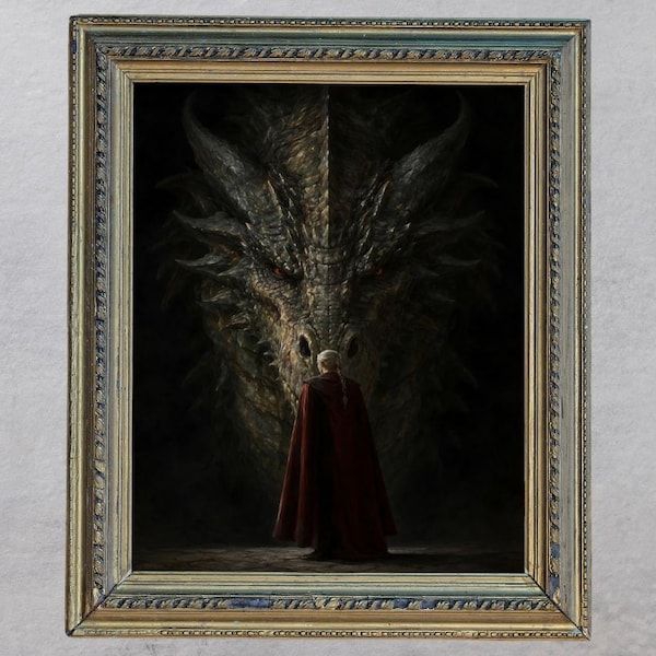 Quadro da parete con regina e drago / Illustrazione di cavaliere di drago / Stampa fantasy con drago / Arte reale medievale (Download digitale)