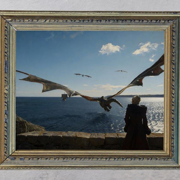 Quadro da parete con regina e draghi / Stampa fantasy con drago / Regina medievale a cavallo di un drago (Download digitale)