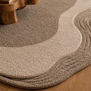Op de afbeelding: Een vloerkleed met een onregelmatige, organische vorm en gelaagde secties in tinten beige, cr&egrave;me en taupe. Het oppervlak heeft een doorlopend, gestructureerd reli&euml;fpatroon, waarbij gebogen, vloeiende lijnen de verschillende kleurzones defini&euml;ren.