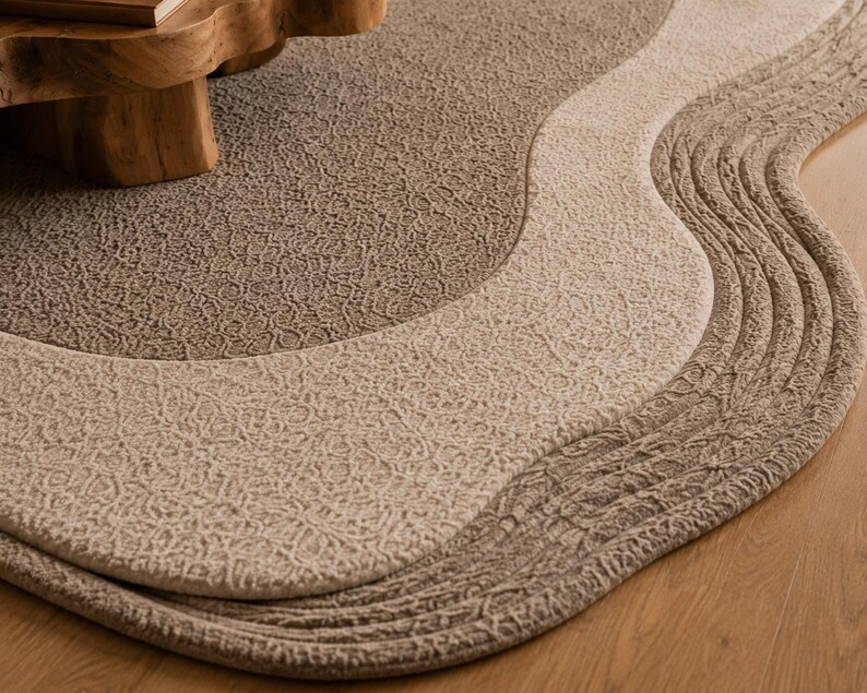 Op de afbeelding: Een vloerkleed met een onregelmatige, organische vorm en gelaagde secties in tinten beige, cr&egrave;me en taupe. Het oppervlak heeft een doorlopend, gestructureerd reli&euml;fpatroon, waarbij gebogen, vloeiende lijnen de verschillende kleurzones defini&euml;ren.
