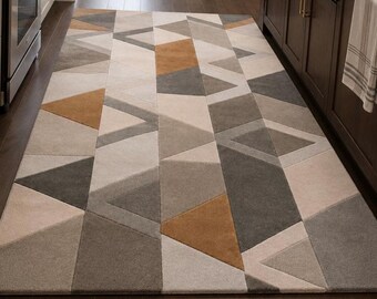 Handgetuft geometrisch wollen vloerkleed, modern abstract beige grijs tapijt