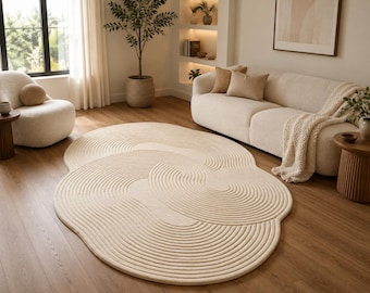 Handgetuft abstract wollen vloerkleed, modern organisch crèmekleurig tapijt, neutrale woonkamerdecoratie