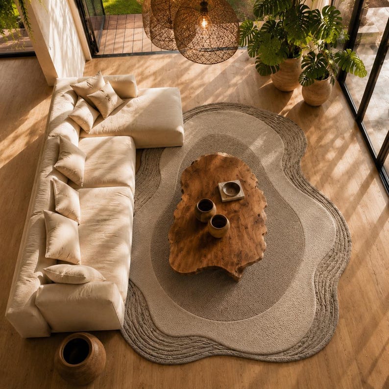 Op de afbeelding: Een cr&egrave;mekleurige hoekbank met meerdere sierkussens, een salontafel van een natuurlijke houten plaat met twee donkere kommen, en een groot, onregelmatig gevormd vloerkleed met gelaagde beige en bruine texturen op een lichte houten vloer.