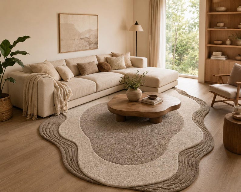 Op de afbeelding: Een vloerkleed met een onregelmatige, organische vorm en gelaagde, golvende randen in tinten cr&egrave;me, beige en bruin. Het kleed heeft een getextureerd, getuft oppervlak met een centraal donkerbruin ovaal gedeelte omringd door ringen.
