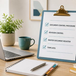 May include: A blue clipboard holding a white document with four checked items: Document Control Procedure, Revision Control, Master Document Register, and Templates. The clipboard features a gold metal clip at the top and stands upright.
