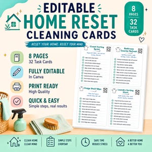 May include: A digital printable set of 8 pages containing 32 editable home cleaning task cards. The cards feature checklists for closet sorting, bathroom counter refreshing, fridge shelf wiping, and laundry sorting, all designed for use in Canva.